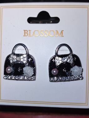 Mini Black Handbag with Crystal Bows Pierced Earrings